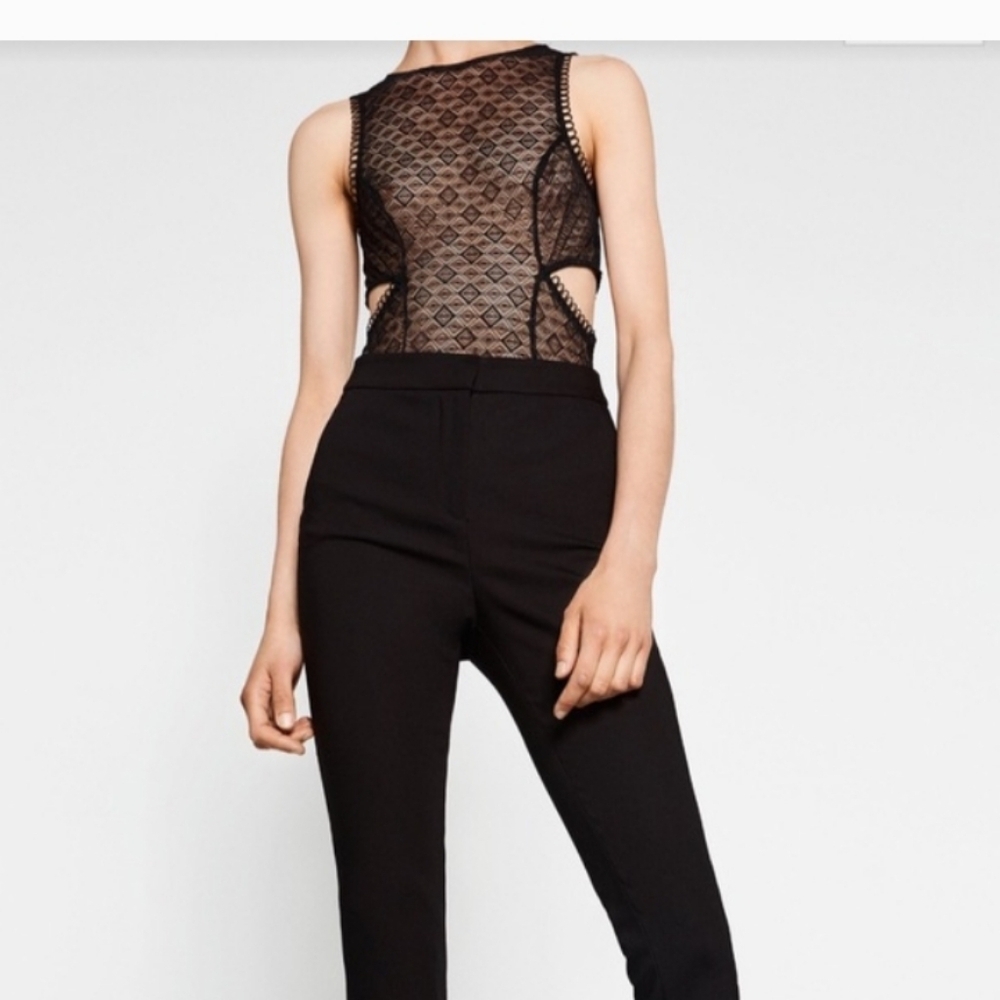 Zara Sheer Geometric Black Lace Cut Out Bodysuit Size Small Sleeveless Onesie